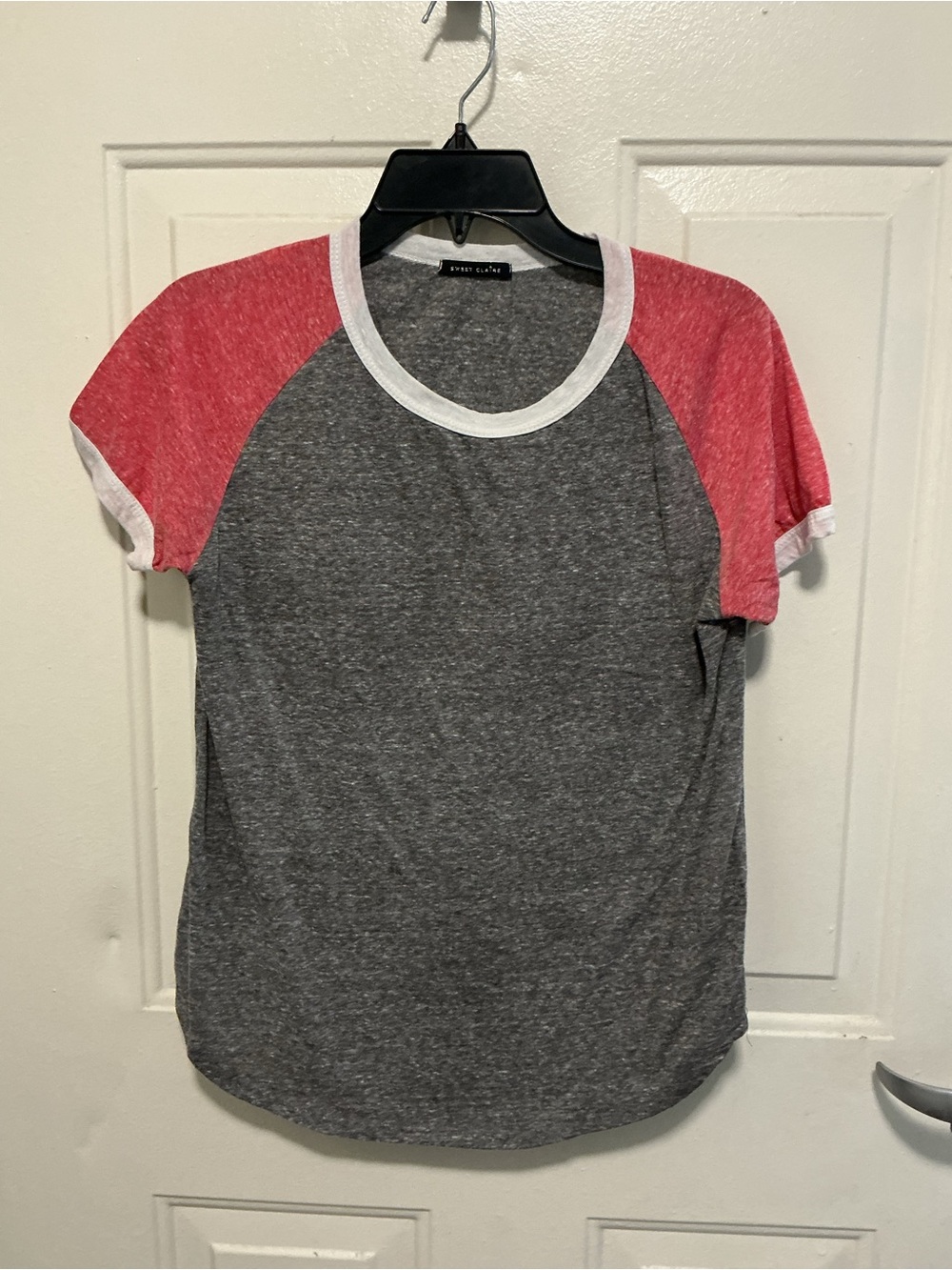 Sweet Claire Heather Gray Tee with Red Raglan Sleeves